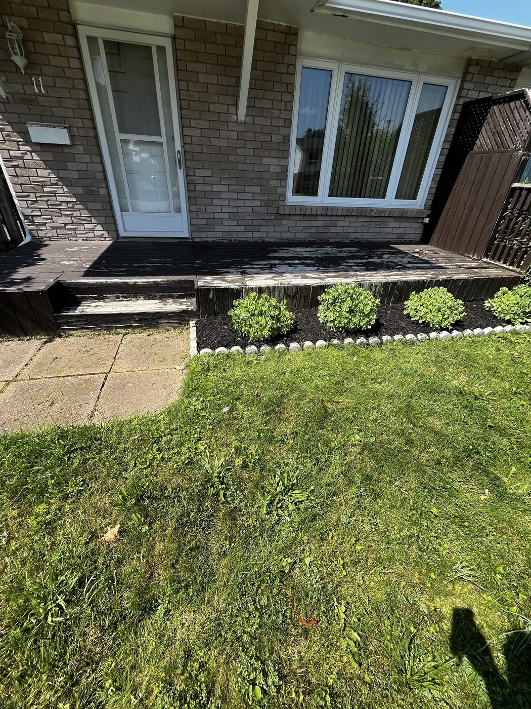 Same bed with trimmed shrubs and fresh mulch after